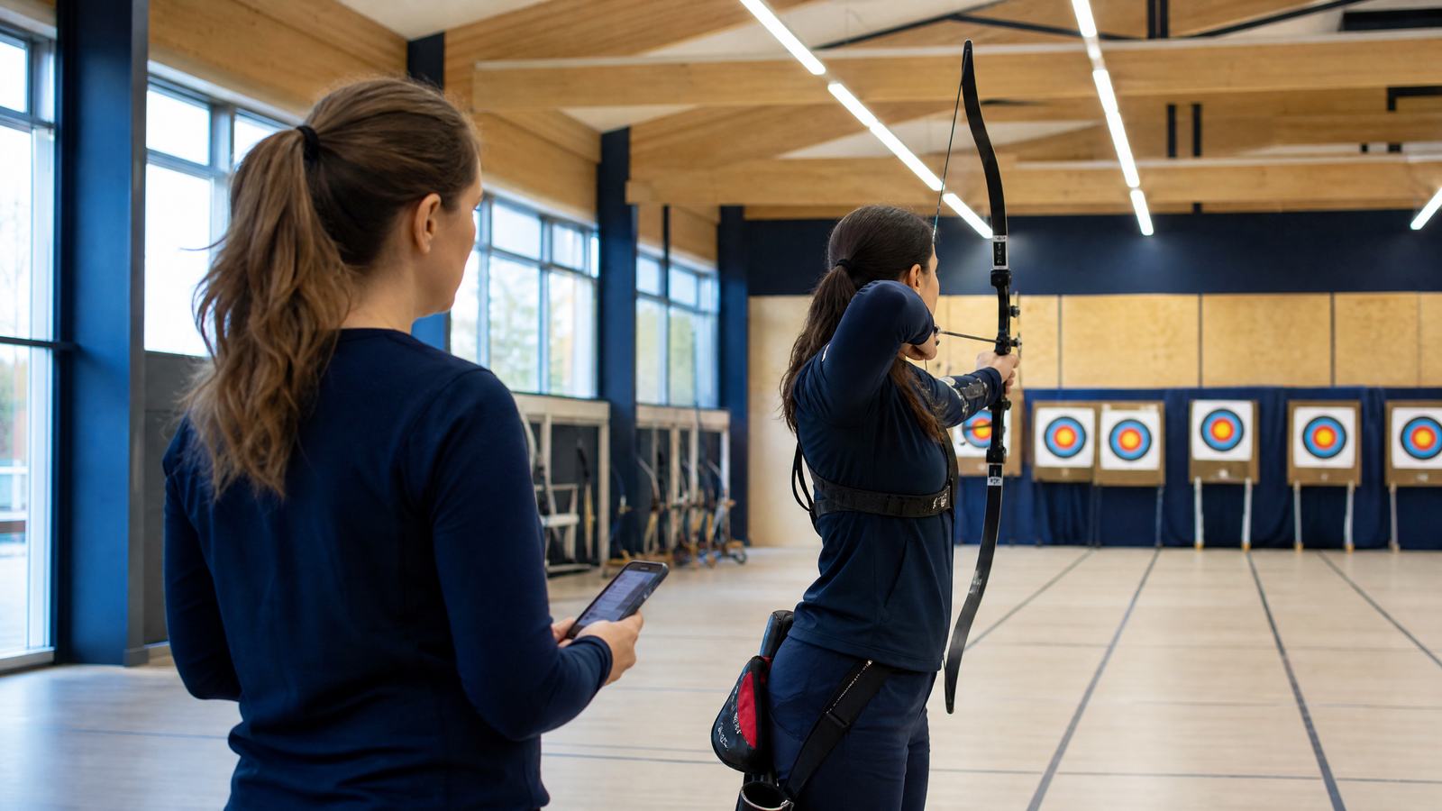 Treino de tiro com arco em ambiente indoor